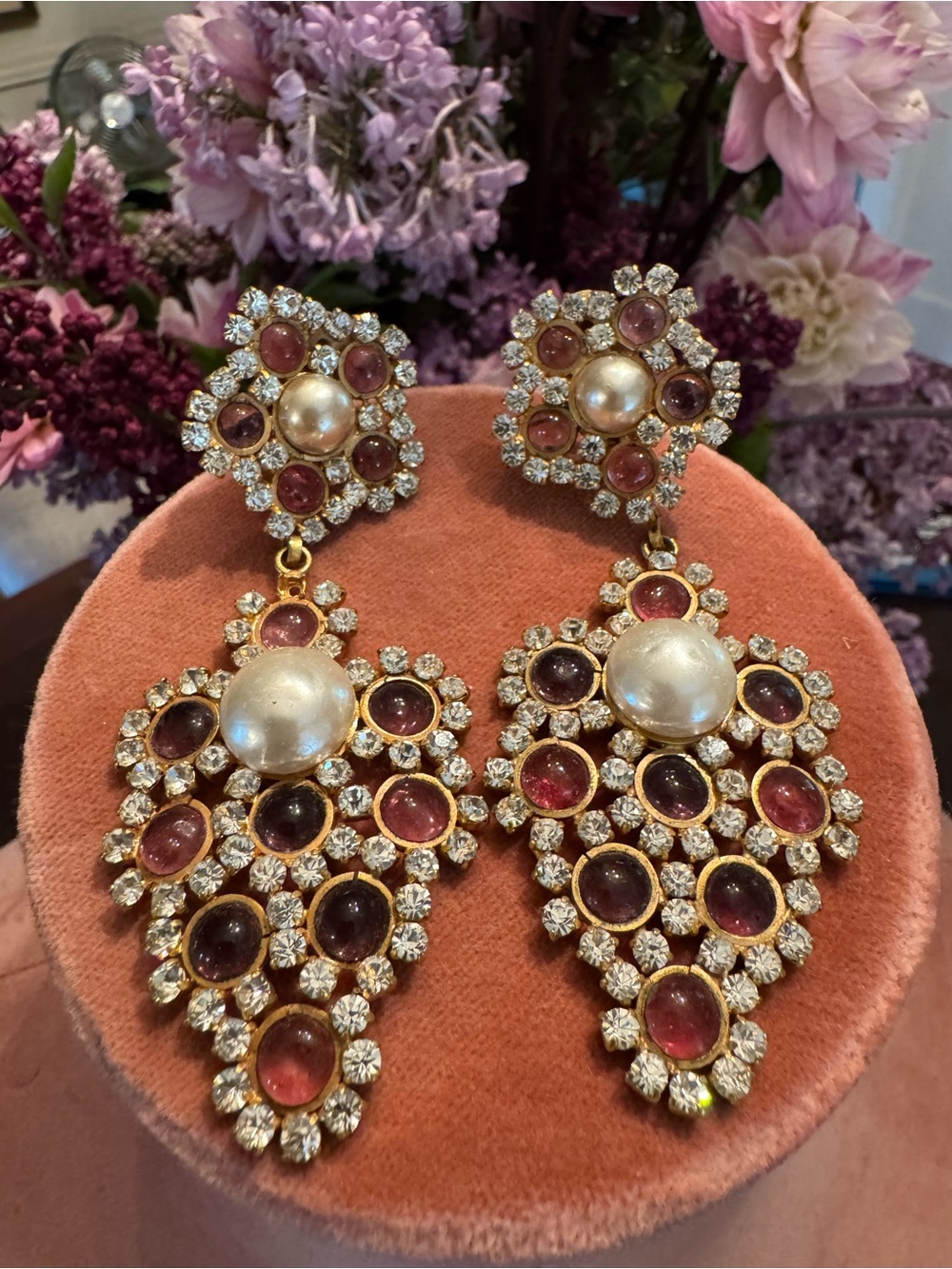 Large Dramatic Gold-Tone Drop Earrings with Pink & faux Pearl Accent